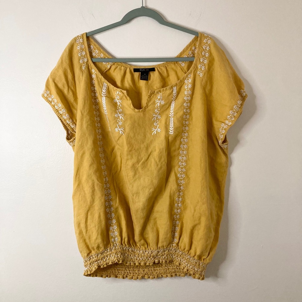Mustard Yellow 100% Linen Embroidered Smocked Peasant Top Boho Style & Co 18
